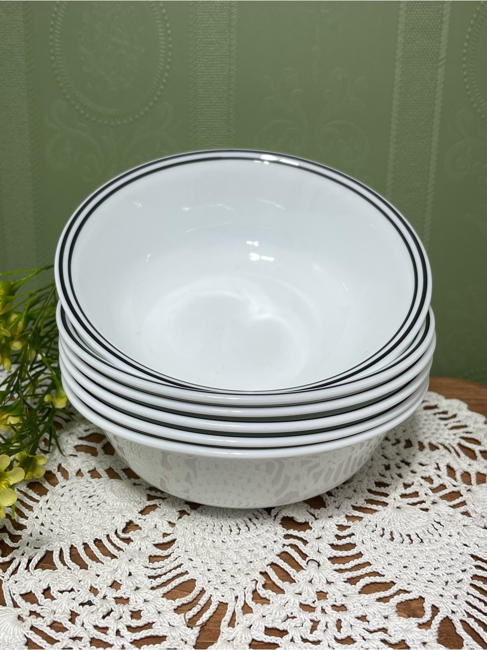 Corelle White Bowls with Black Double Rim - Set of 6